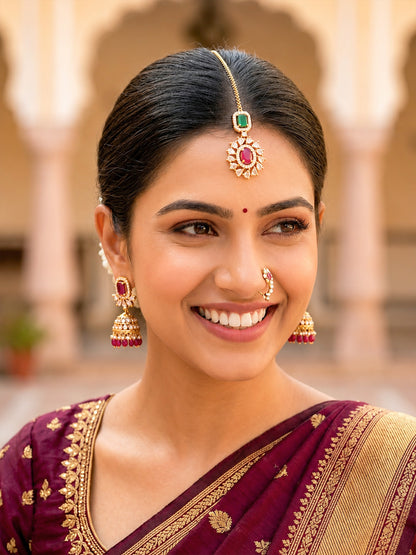 Antique Gold Plated Red AD Maang Tikka for Women