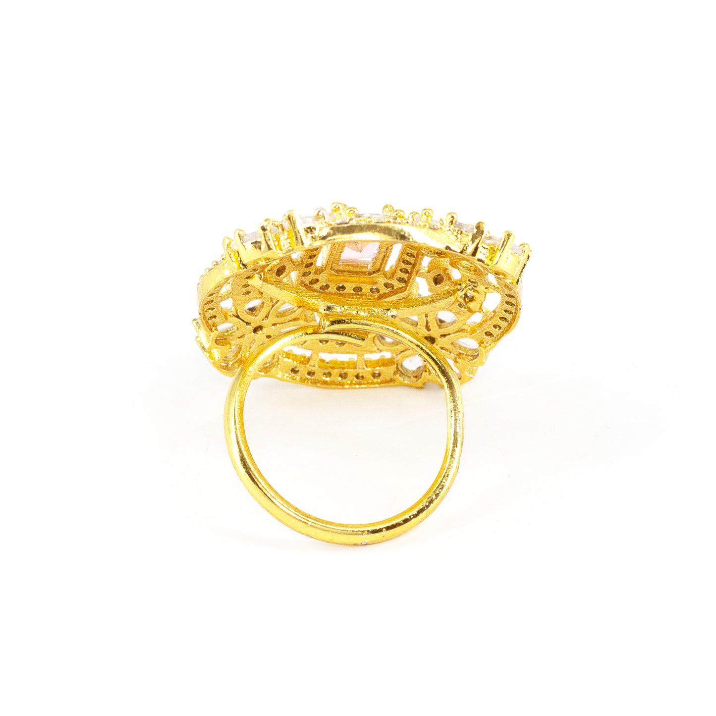 Gold Plated Pink AD Floral Finger Ring for Women