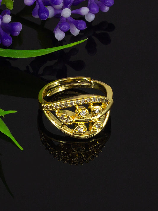Gold Plated AD Leaf Traditional Adjustable Ring for Women