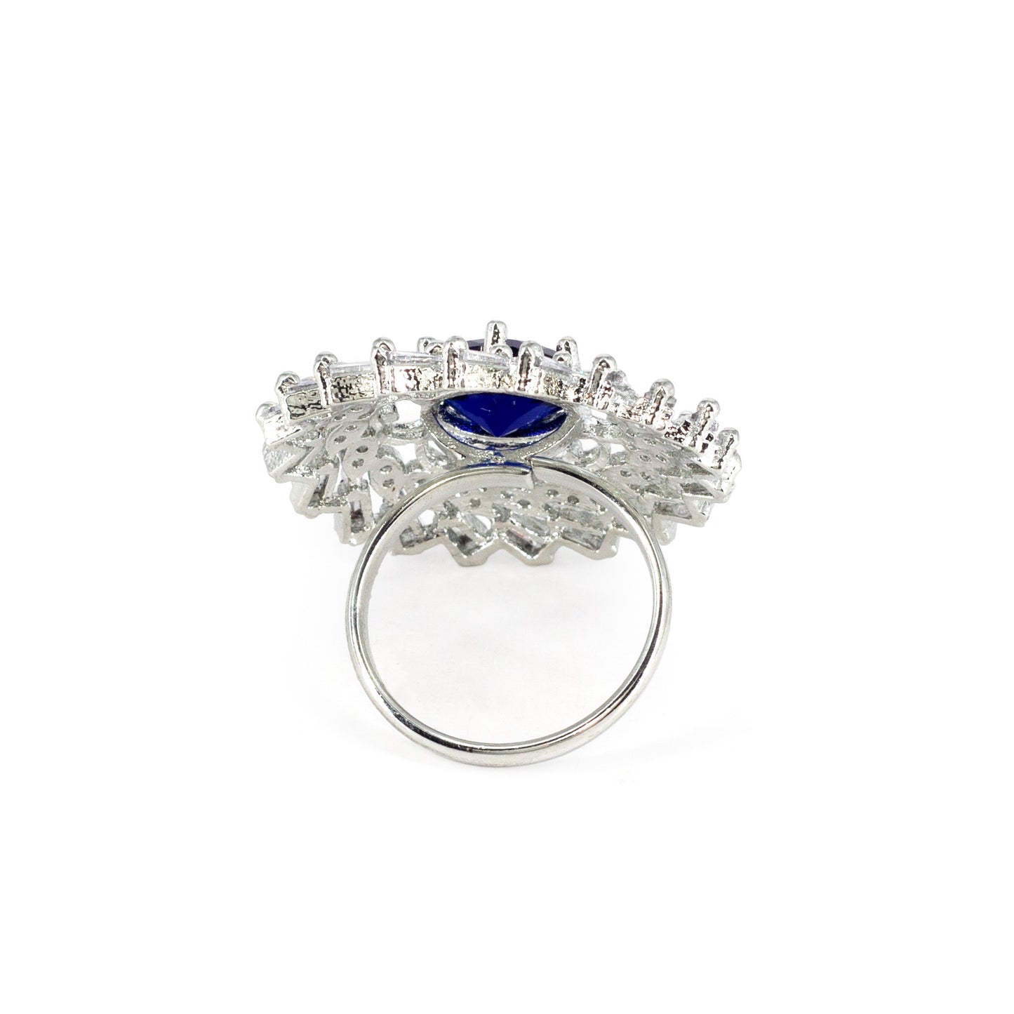Silver Plated Blue AD Floral Adjustable Ring for Women