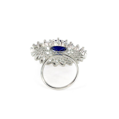 Silver Plated Blue AD Floral Adjustable Ring for Women