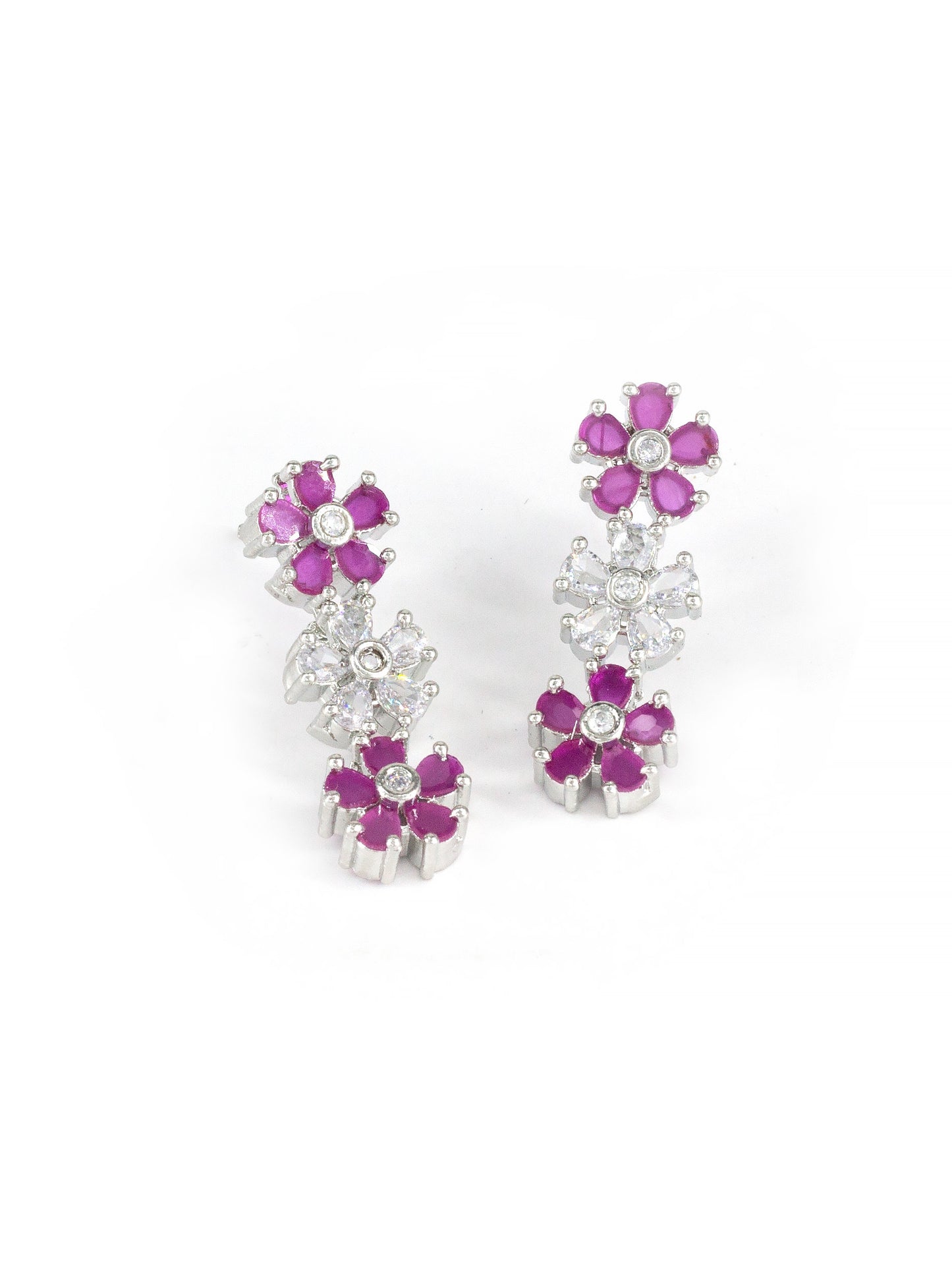 Rhodium Plated Ruby American Diamond Studded Floral Jewellery Set
