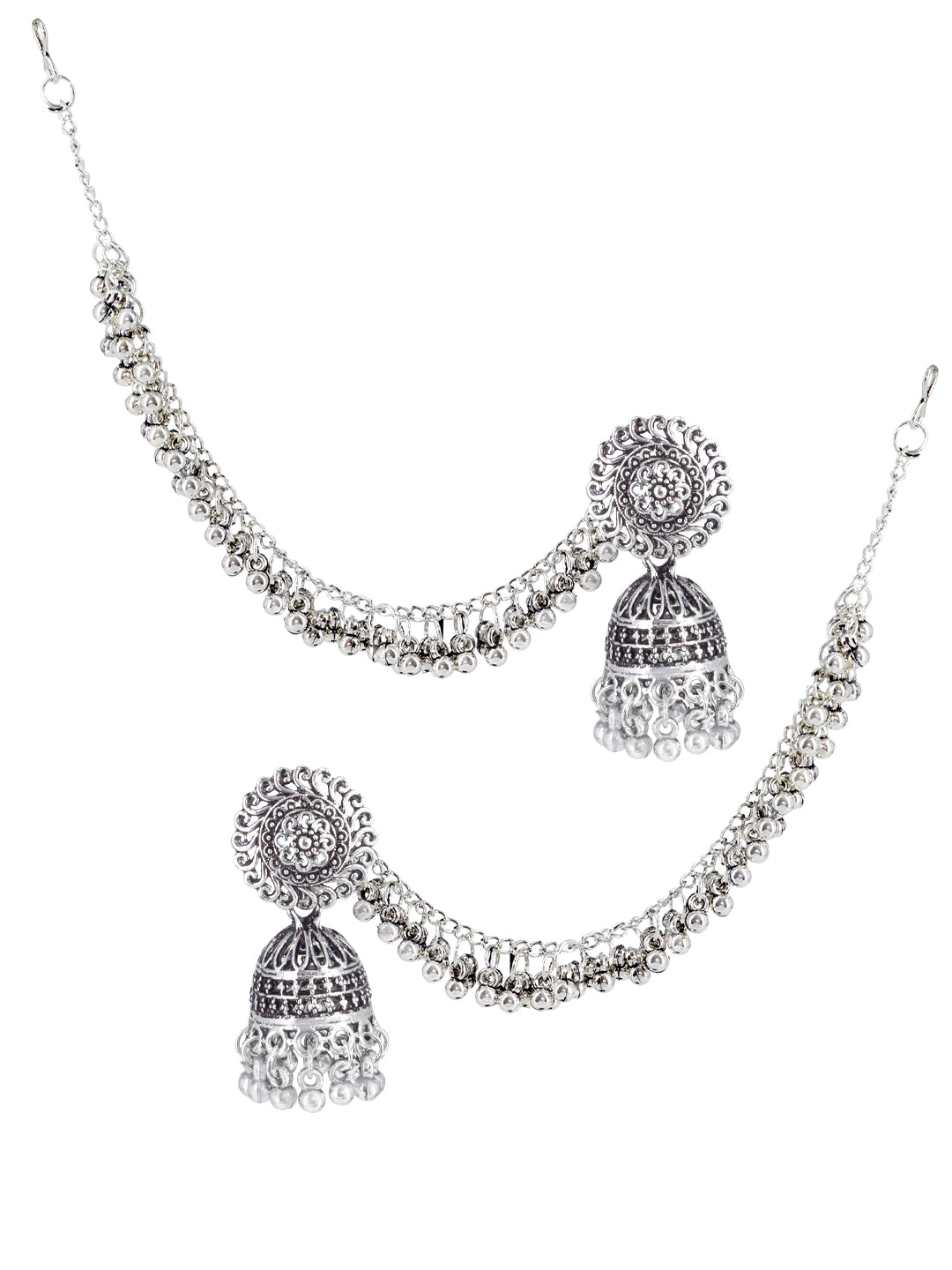 Silver-Oxidised Floral Jhumka Earrings With Ear Chain