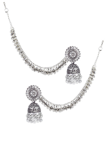 Silver-Oxidised Floral Jhumka Earrings With Ear Chain