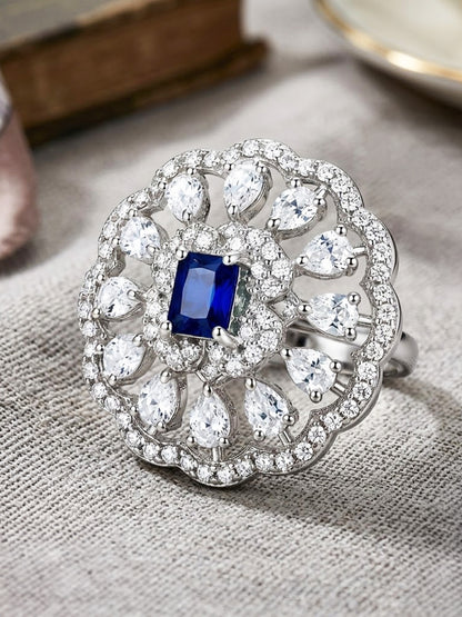Rhodium Plated Blue AD Finger Ring for Women