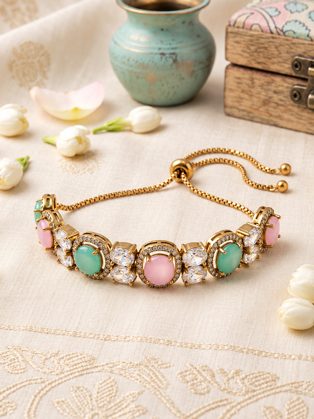 Antique Gold Plated Pink AD Adjustable Bracelet for Women
