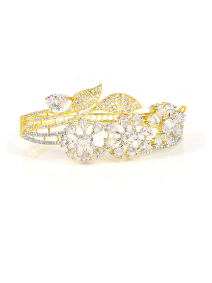Gold Plated White AD Floral Cuff Bracelet For Women