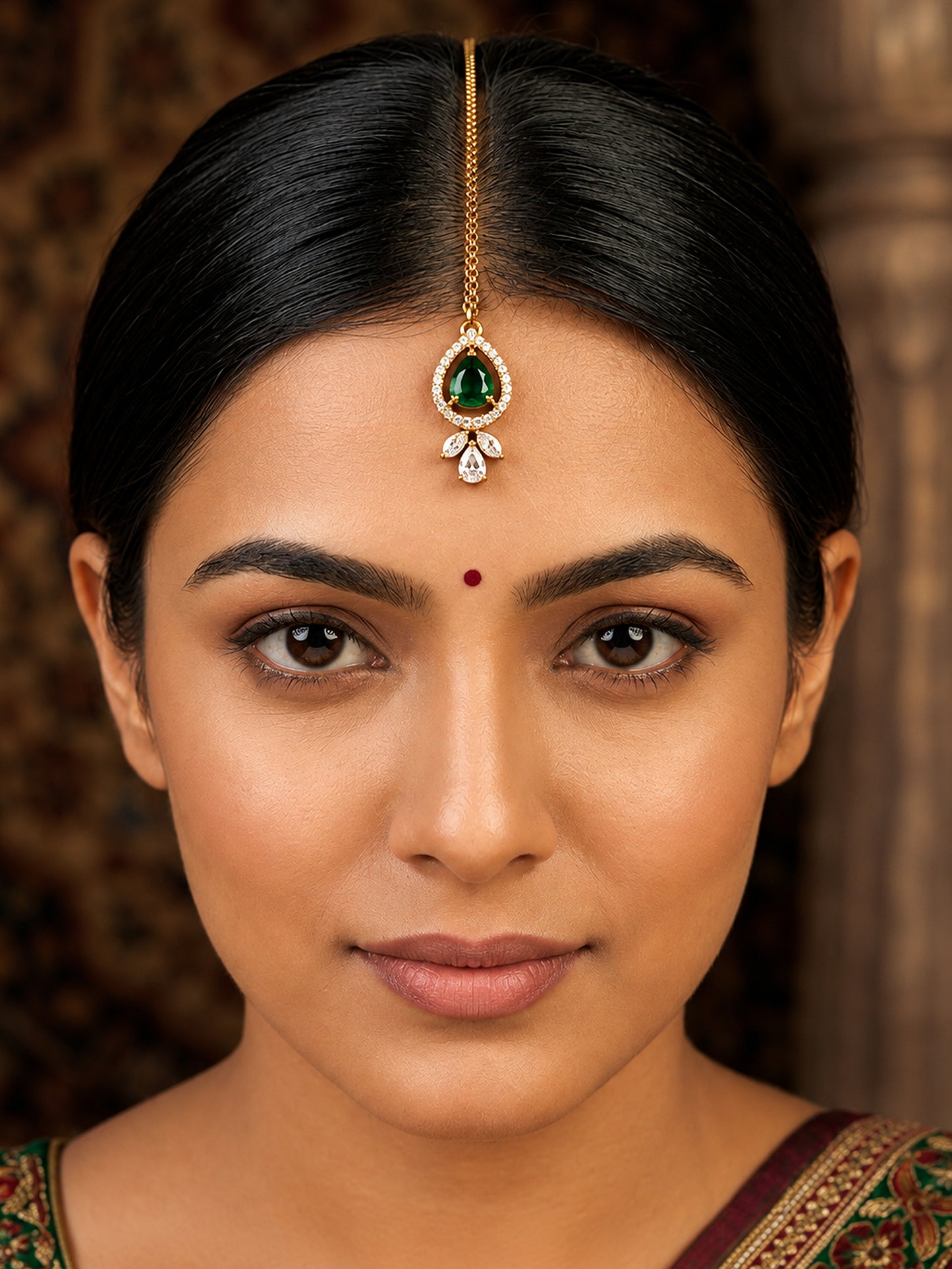 Antique Gold Plated Green AD Maang Tikka for Women