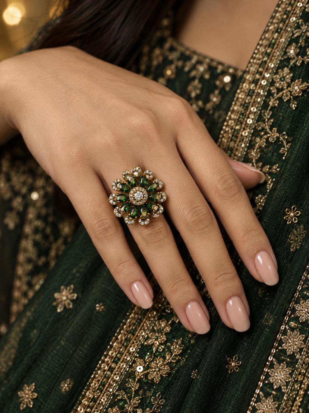 Antique Gold Plated Green AD Floral Finger Ring for Women