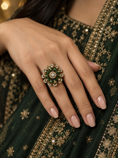 Antique Gold Plated Green AD Floral Finger Ring for Women