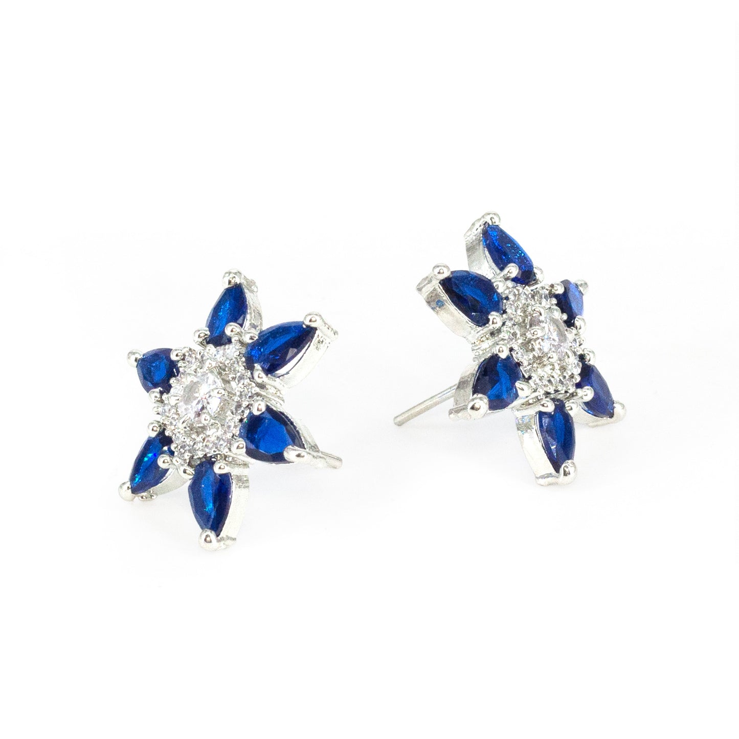 Silver Plated Blue AD Floral Stud Earrings for Women