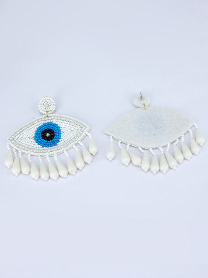Evil Eye White, Blue & Back Beaded Drop Quirky Earrings