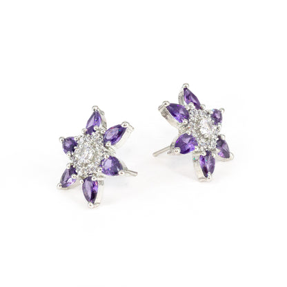 Silver Plated Purple AD Floral Stud Earrings for Women