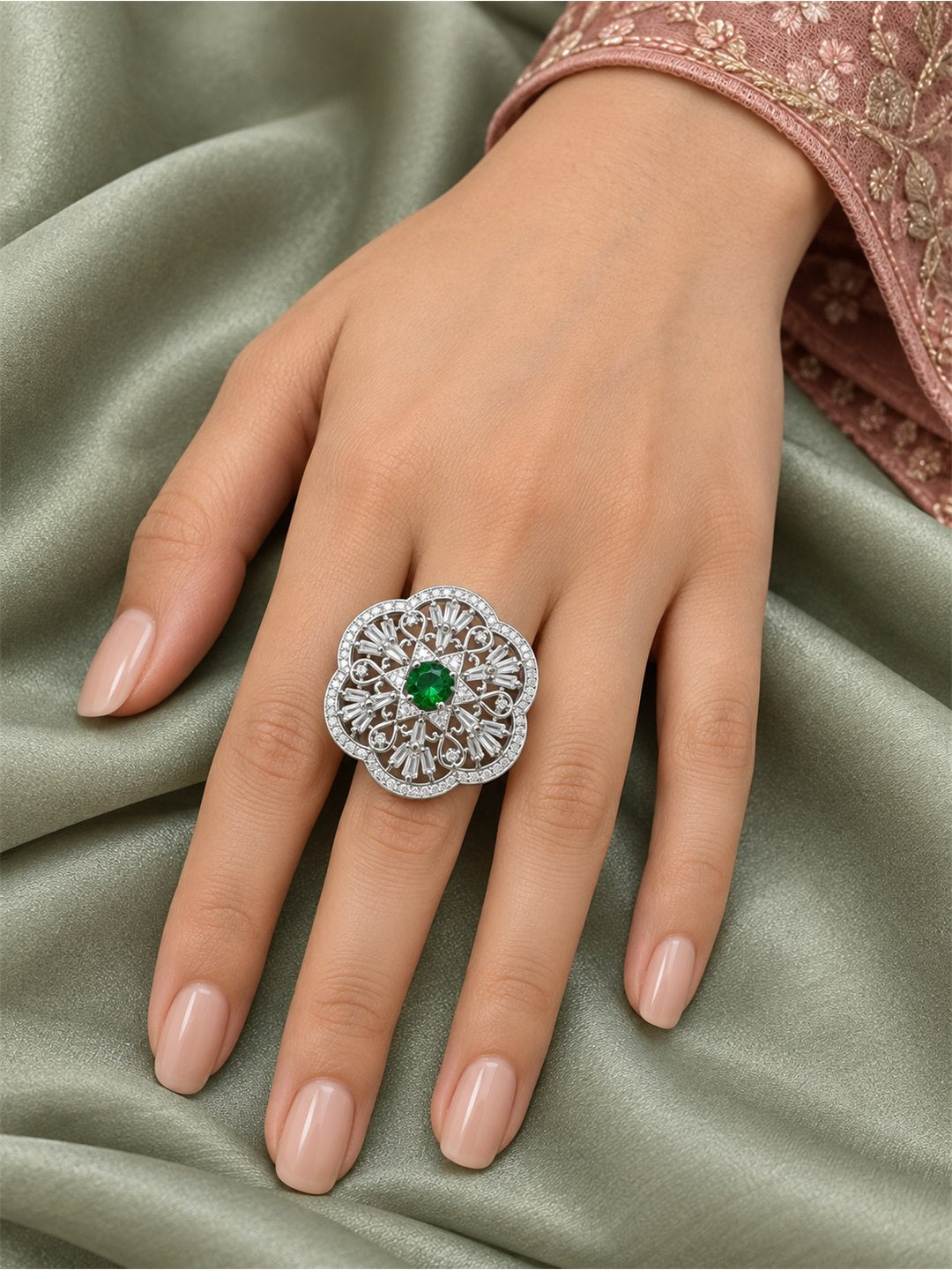 Silver Plated Green AD Finger Ring for Women