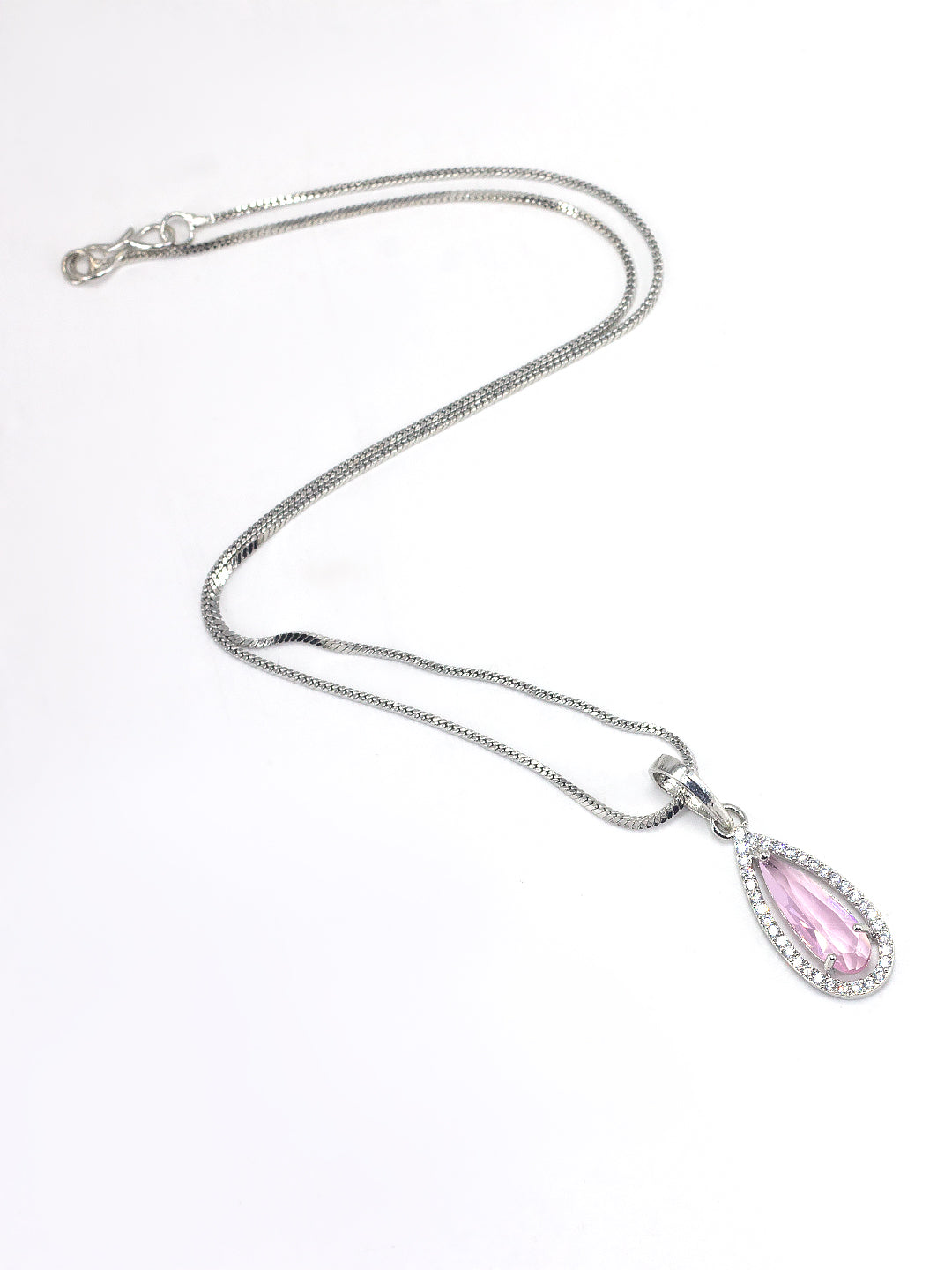 Rhodium Plated Pink Tear Drop American Diamond Pendant Set
