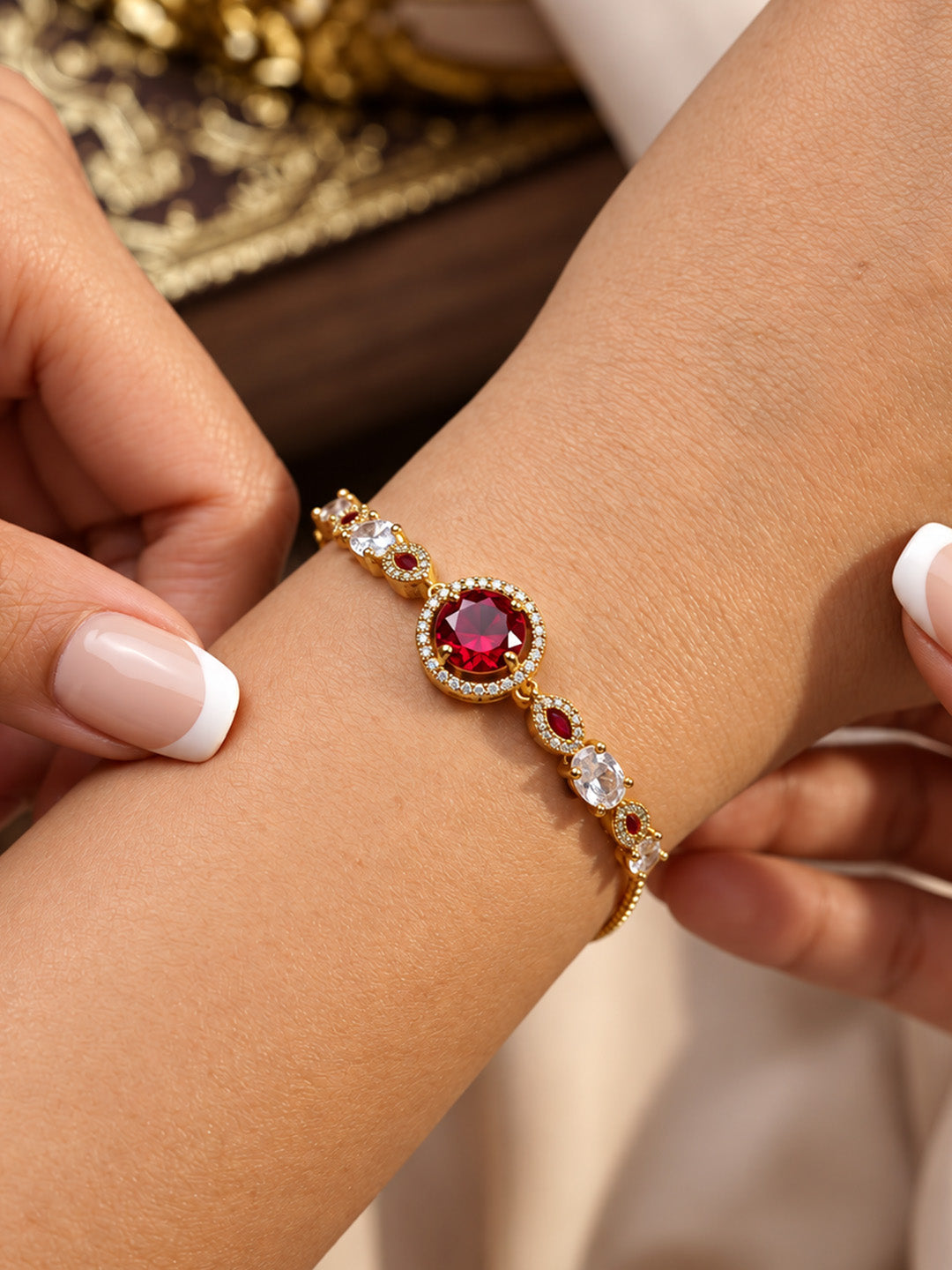 Antique Gold Plated Red AD Adjustable Bracelet for Women
