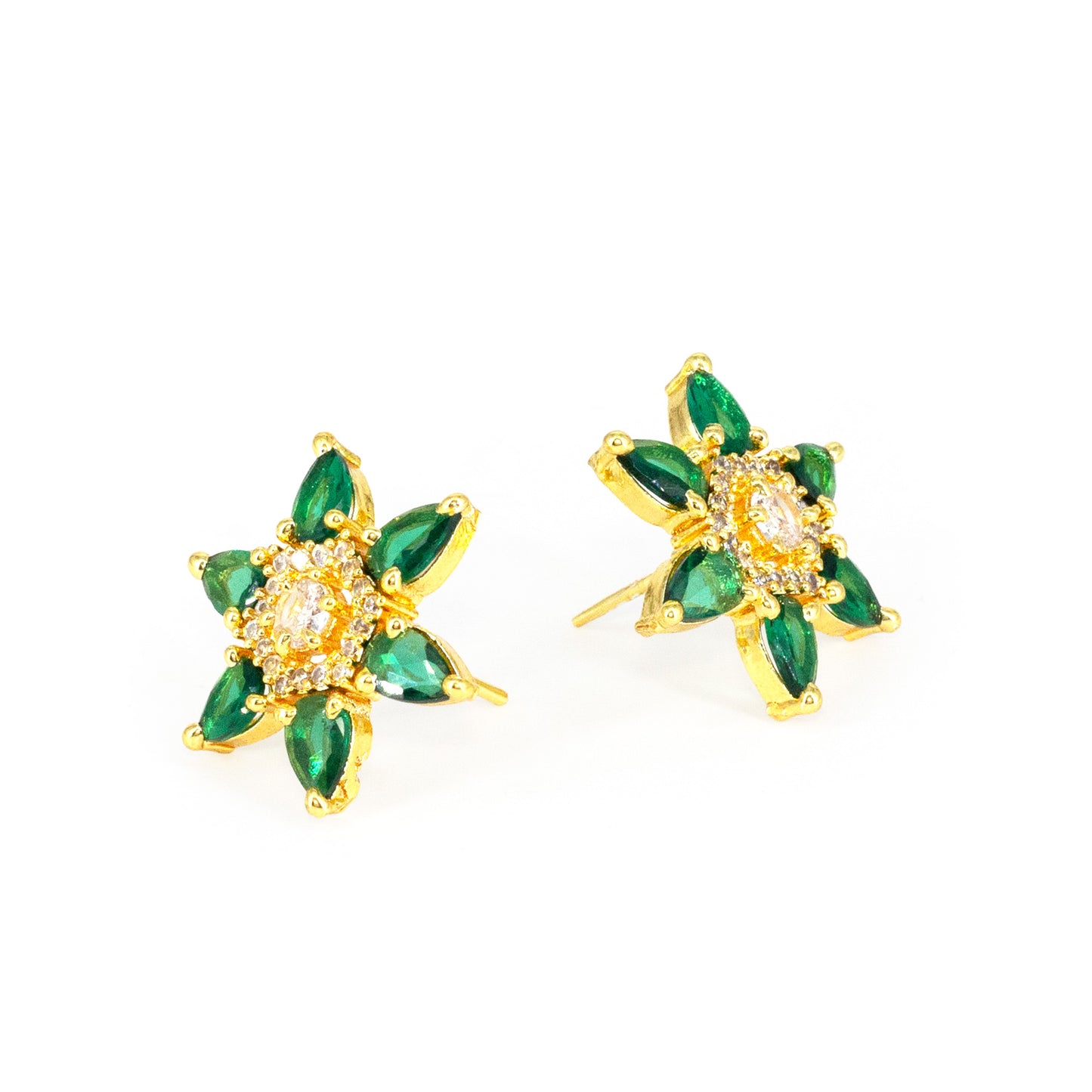 Gold Plated Green AD Floral Stud Earrings for Women