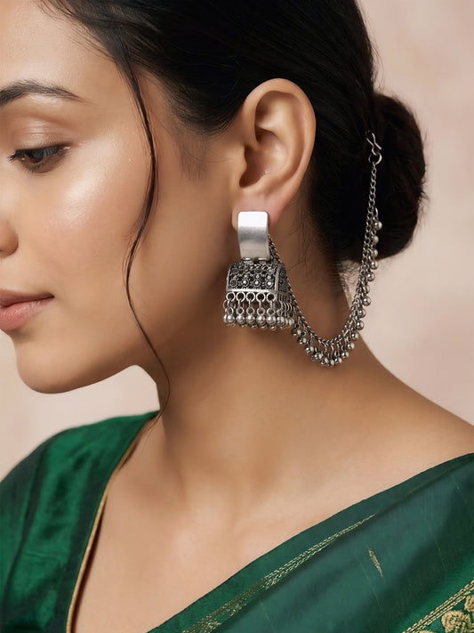 Silver Oxidised Jhumka Earring with Chain for Women