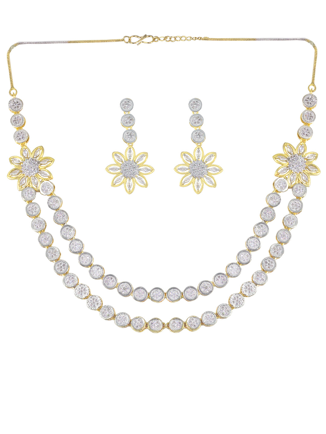 Gold Plated Floral Double Layred American Diamond Studded Jewellery Set