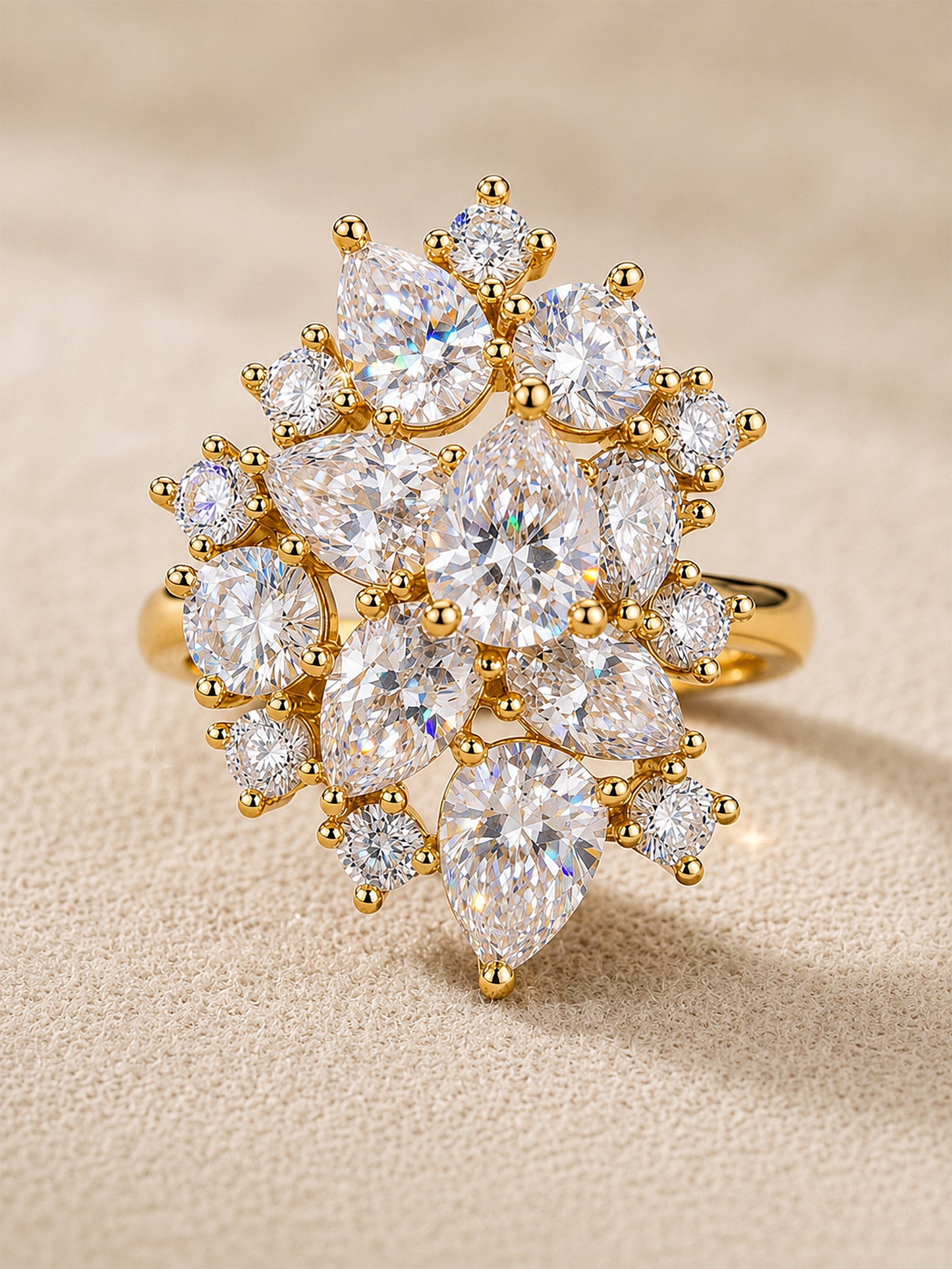 Gold Cluster AD Statement Ring – Pear-Cut Sparkle Design for Women