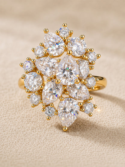 Gold Cluster AD Statement Ring – Pear-Cut Sparkle Design for Women