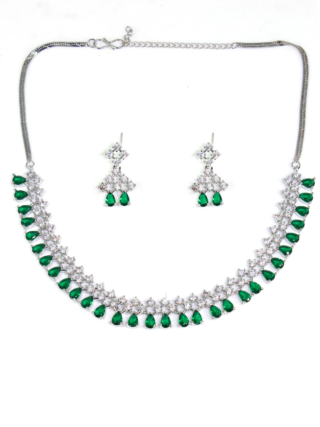 Silver Plated Green AD Sleek Designer Jewellery Set