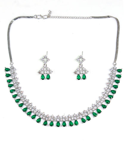 Silver Plated Green AD Sleek Designer Jewellery Set