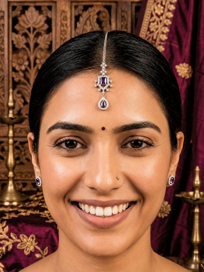 Silver Plated Purple AD Maang Tikka for Women