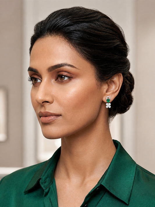 Rhodium Plated Green AD Stud Earrings for Women