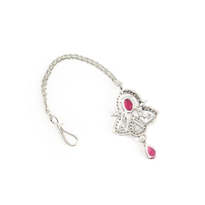Silver Plated Red AD Maang Tikka for Women