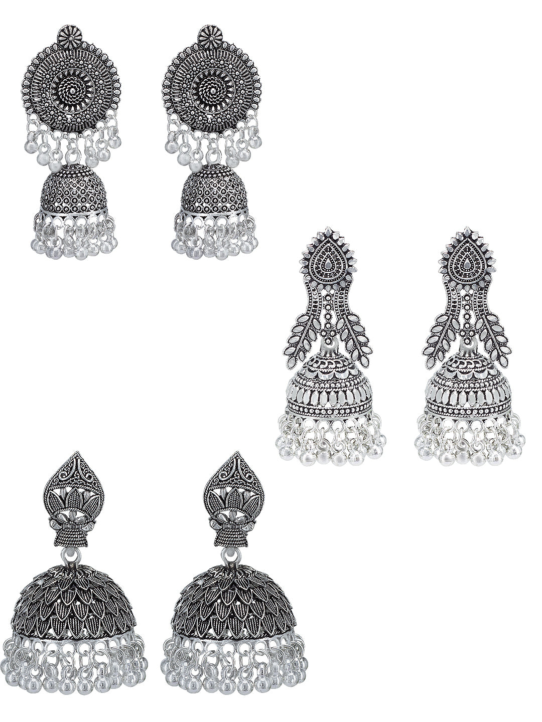 Silver-Oxidised Pack Of 3 Dome Shaped Oxidised Jhumkas