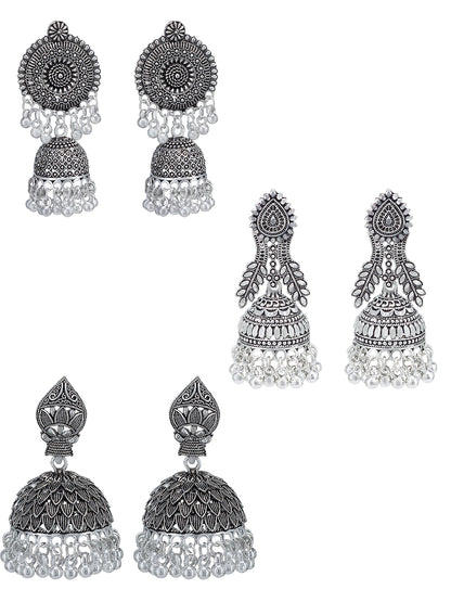 Silver-Oxidised Pack Of 3 Dome Shaped Oxidised Jhumkas