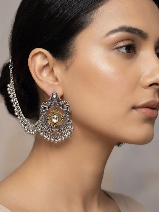 Silver Oxidised Jhumka Earring with Chain for Women