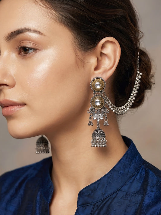 Silver Oxidised Jhumka Earring with Chain for Women