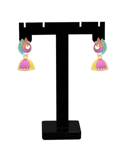 Gold Plated Peacock Multi Color Artificial Beaded Jhumki Earrings