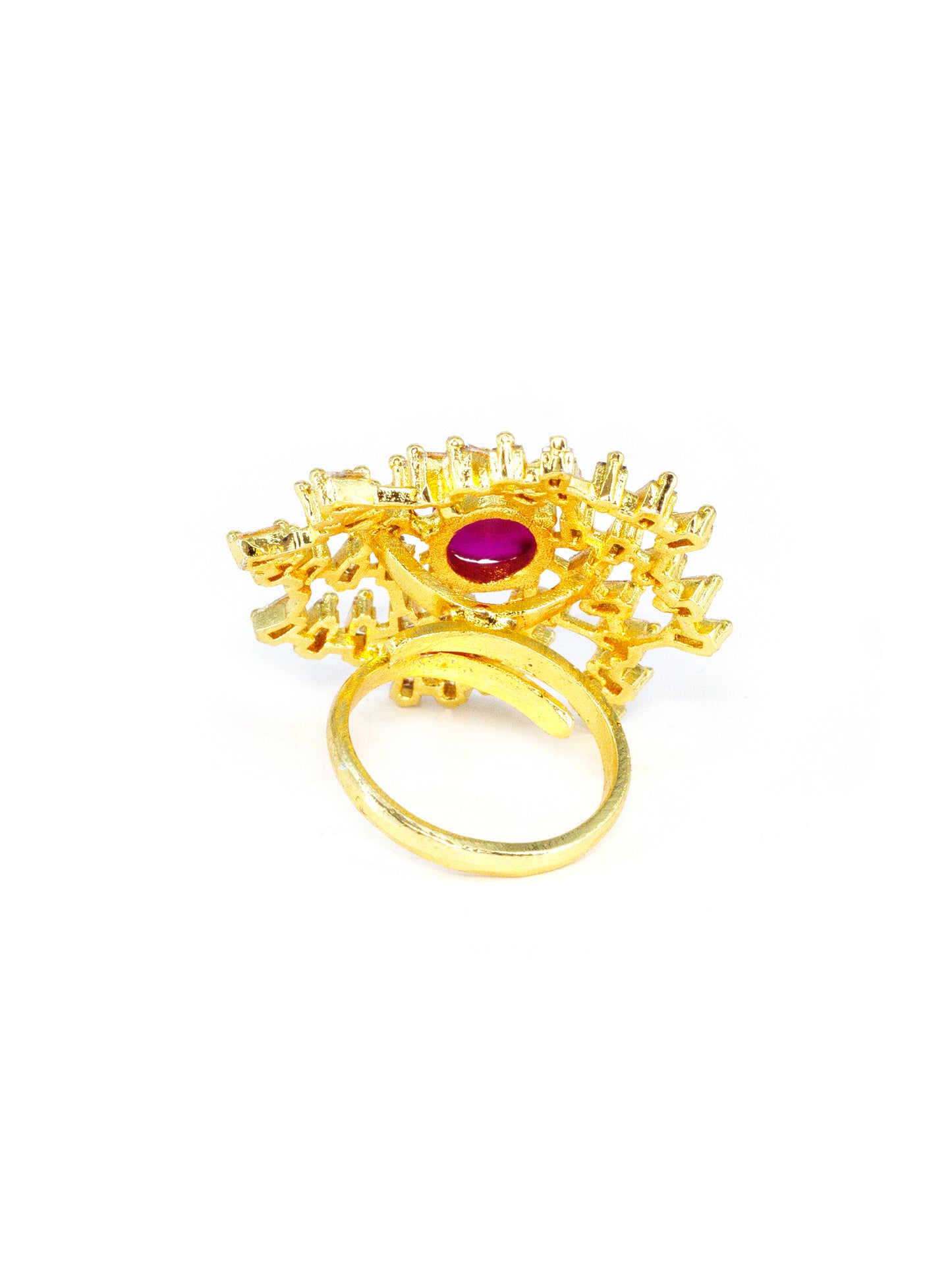Gold Plated White & Red American Diamond Floral Ring