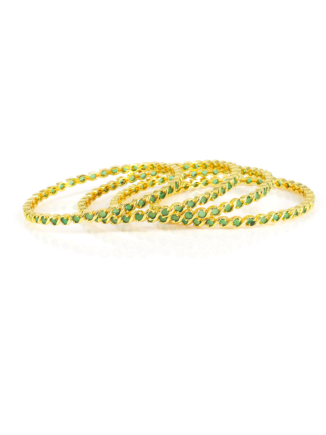 Set Of 4 Gold-Plated Green American Diamond Studded Bangles