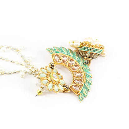 Gold Plated Green Kundan Jhumka Earrings with Chain for Women
