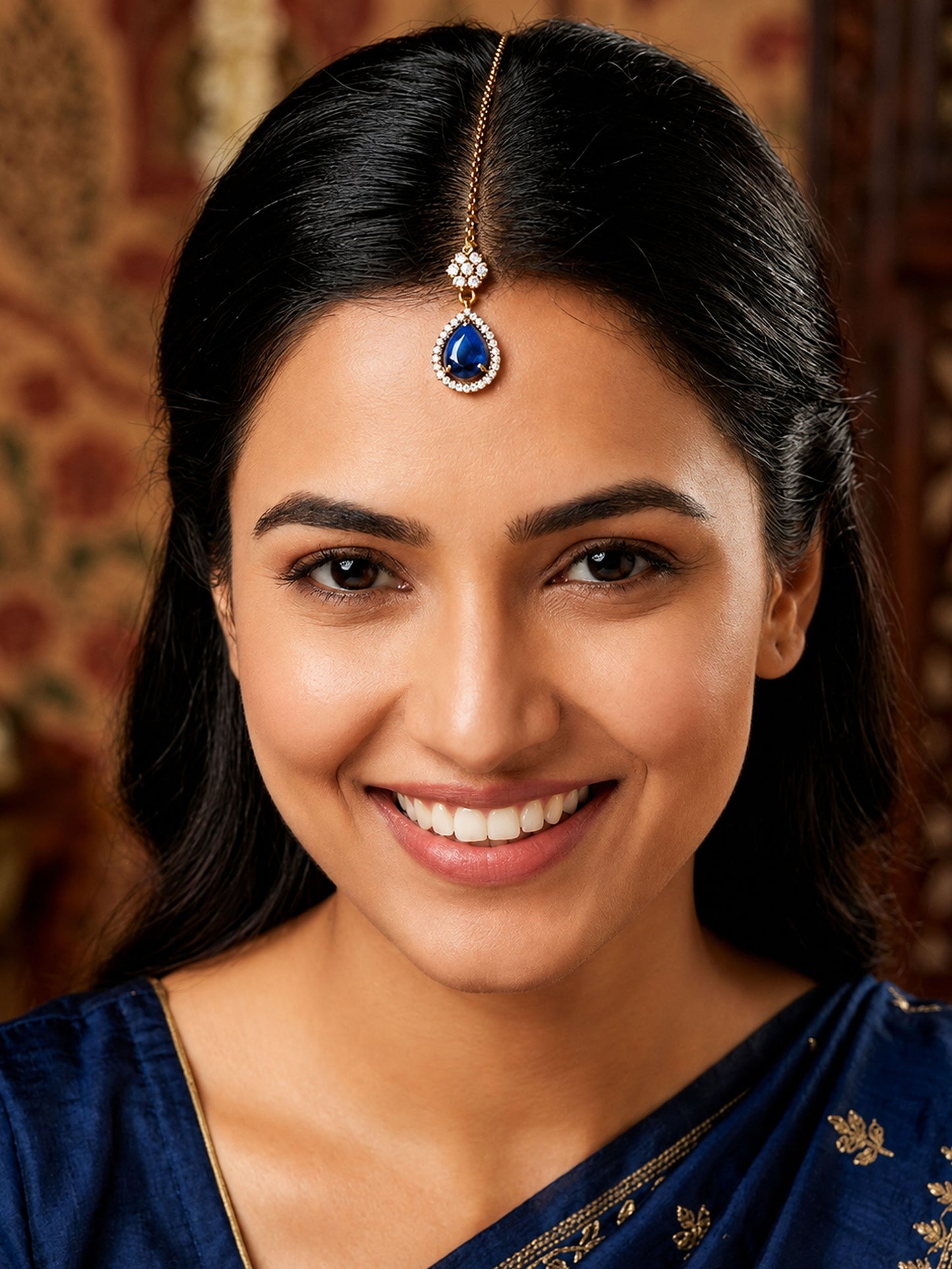 Antique Gold Plated Blue AD Maang Tikka for Women