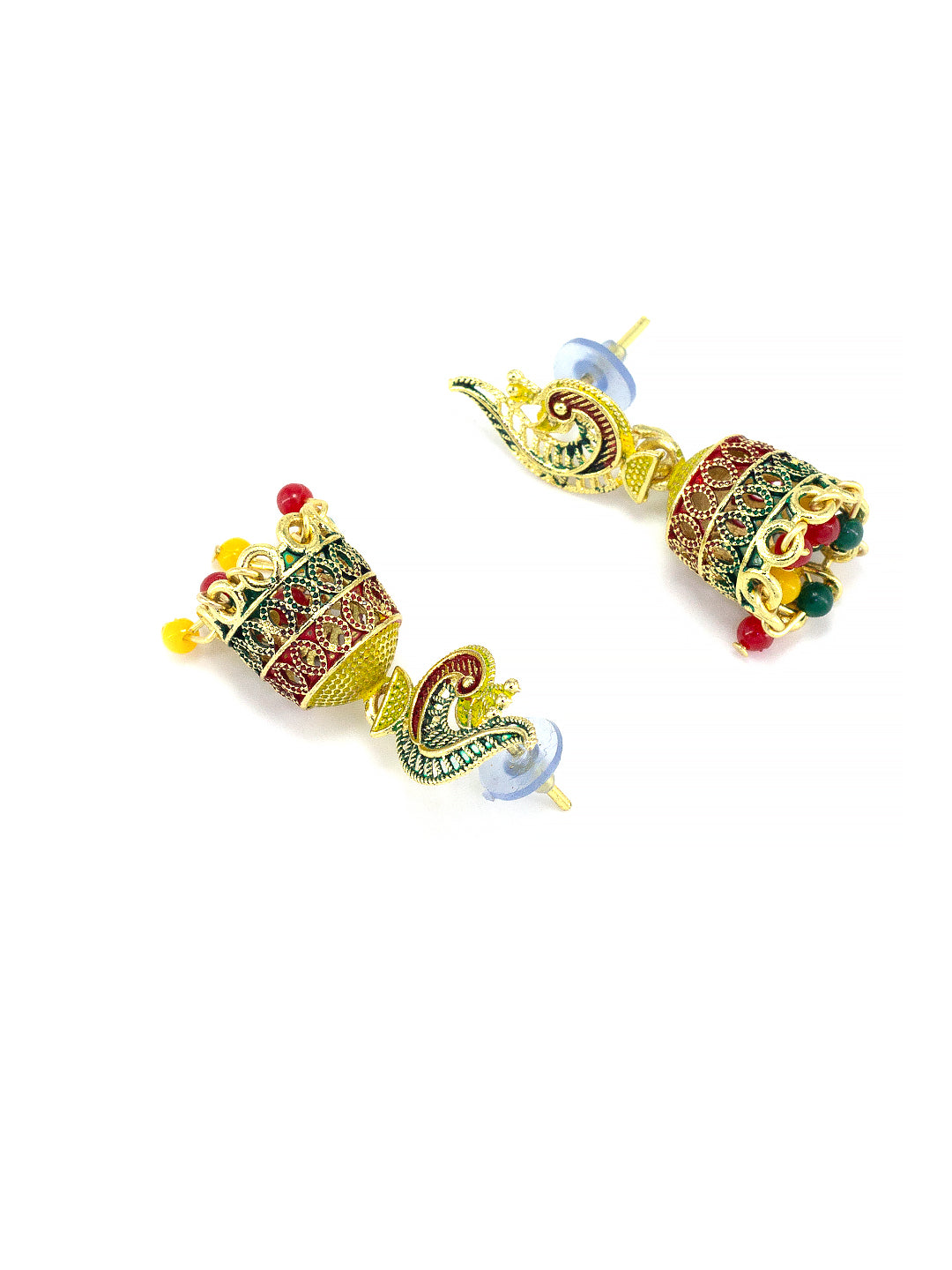 Gold Plated Peacock Multi Color Artificial Beaded Jhumki Earrings
