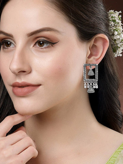 Silver Oxidized Square Boho Style Jhumki Earrings