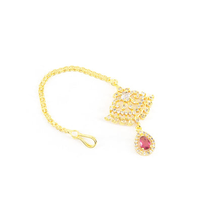 Gold Plated Red AD Maang Tikka for Women