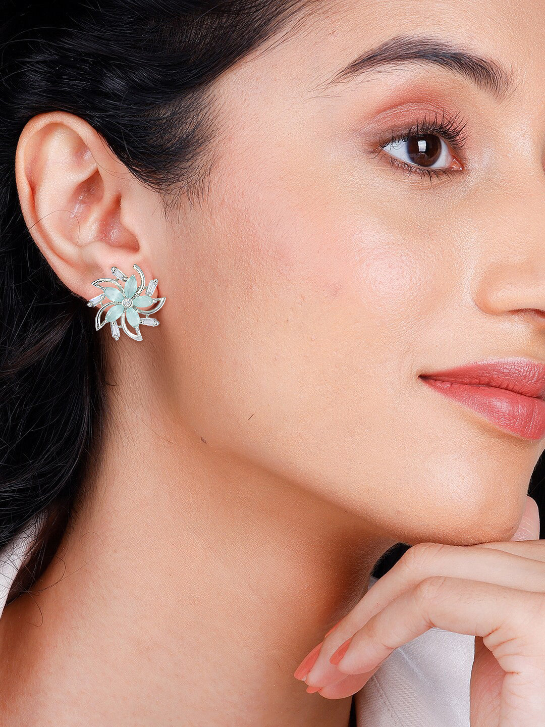 Silver Plated Mint Blue Floral AD Stud Earrings For Women