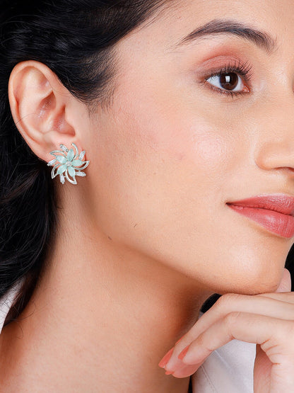 Silver Plated Mint Blue Floral AD Stud Earrings For Women
