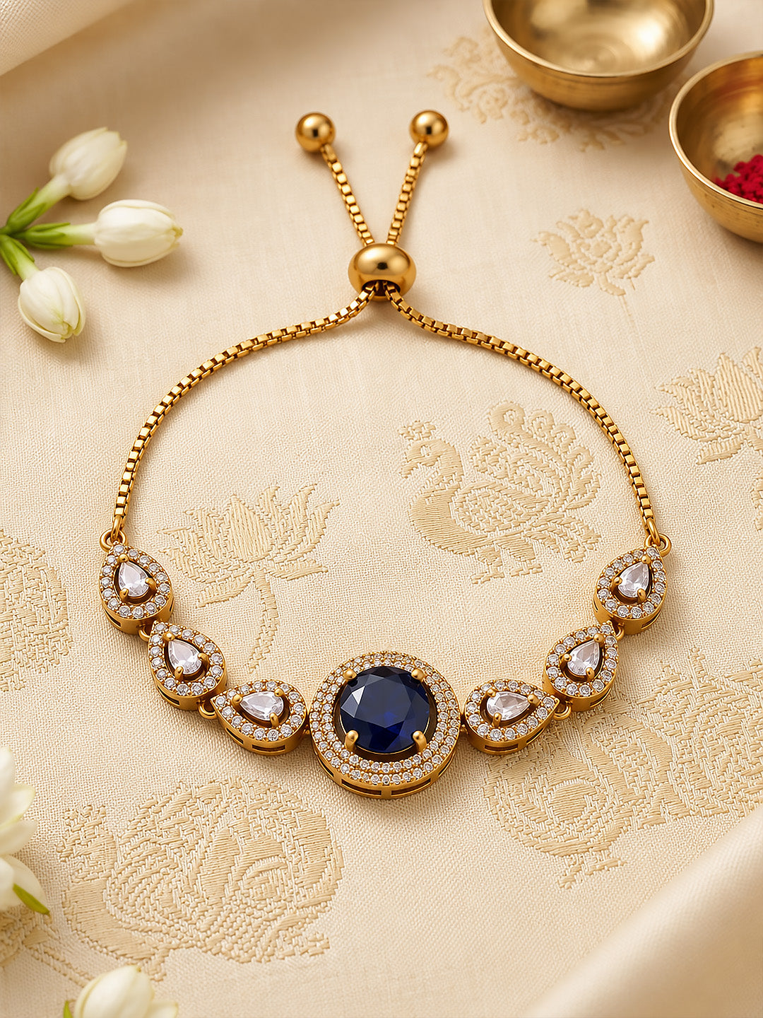 Antique Gold Plated Blue AD Adjustable Bracelet for Women