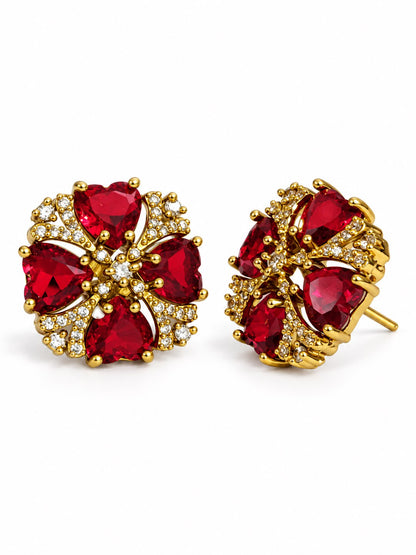 South Indian Gold Plated Red AD Floral Stud Earrings for Women