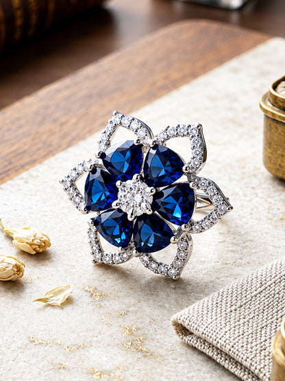 Rhodium Plated Blue AD Floral Finger Ring for Women