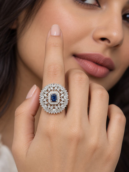Silver Plated Blue AD Finger Ring for Women