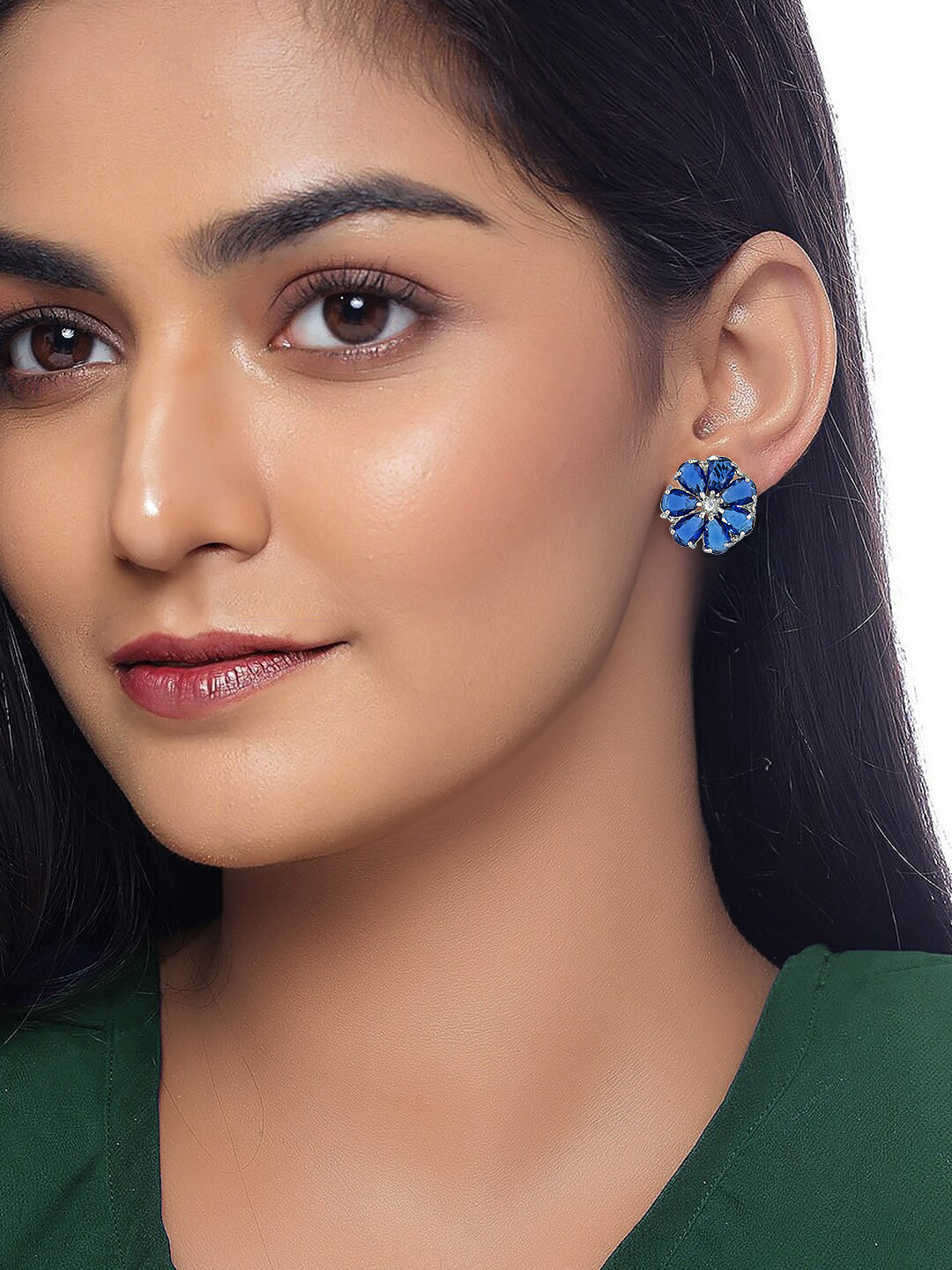 Silver Plated Blue Floral AD Stud Earrings For Women