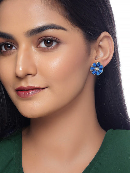 Silver Plated Blue Floral AD Stud Earrings For Women